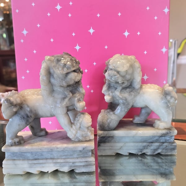 Pair of Chinese Vintage Soapstone Carved Fu / Foo Dog Statue Lion Guardian
