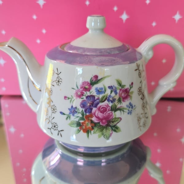 Vintage Apex Quality Small Tea Pot From Japan Floral W/ Purple & Gold Trim #3032