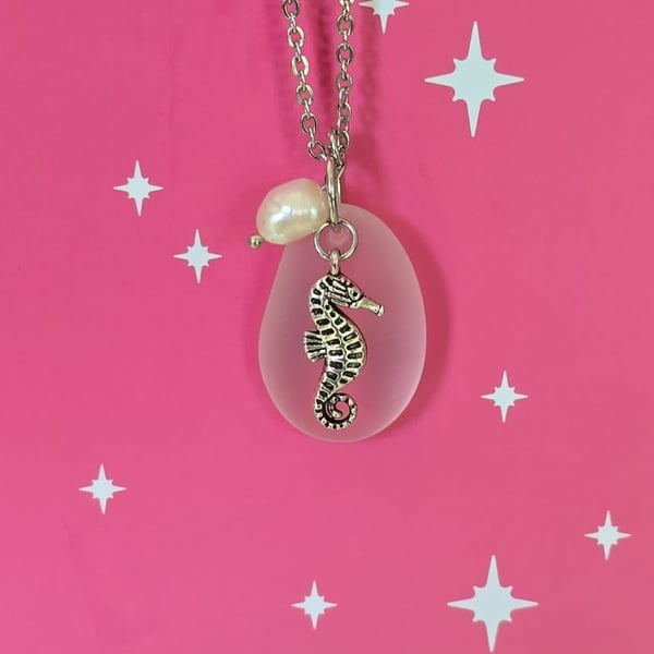 Hawaiian Sea Glass Necklace Pink REAL Pearl Seahorse Necklace Gift