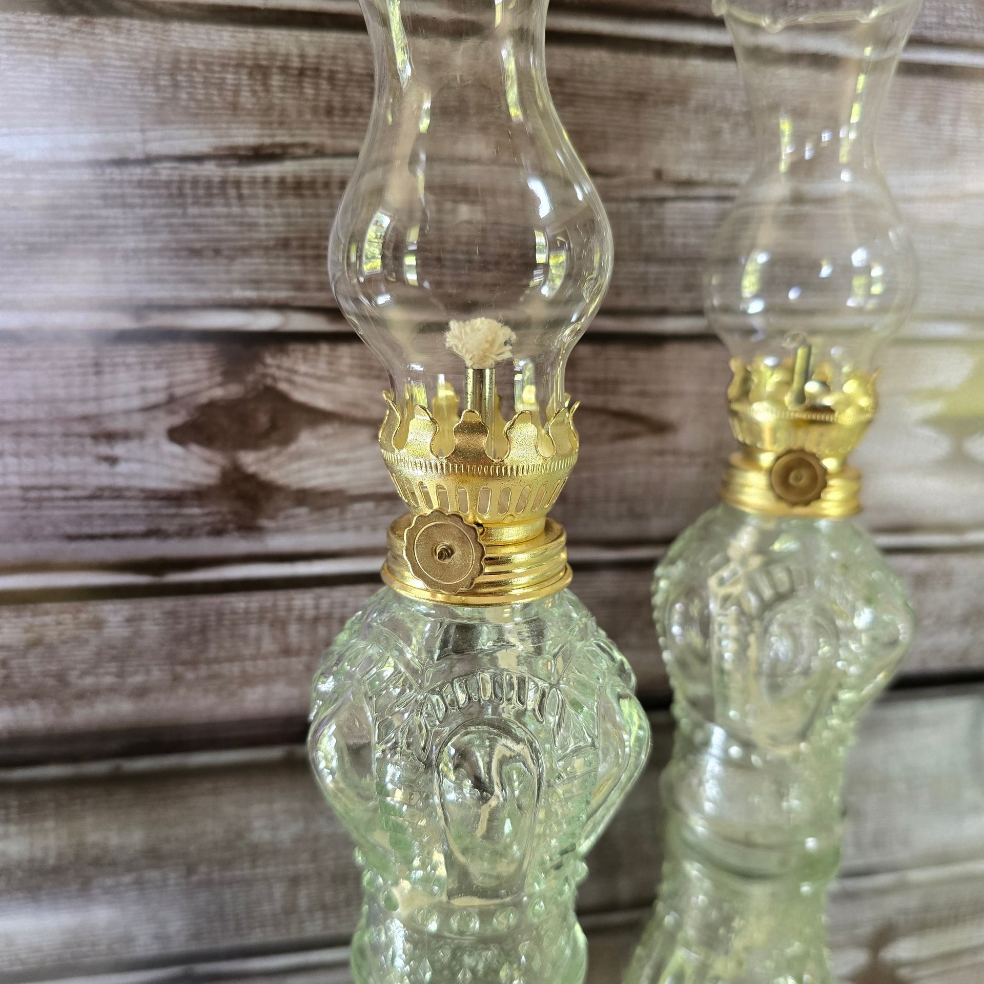 Vintage mini oil lamps, fluted chimney, molded glass set of three 3