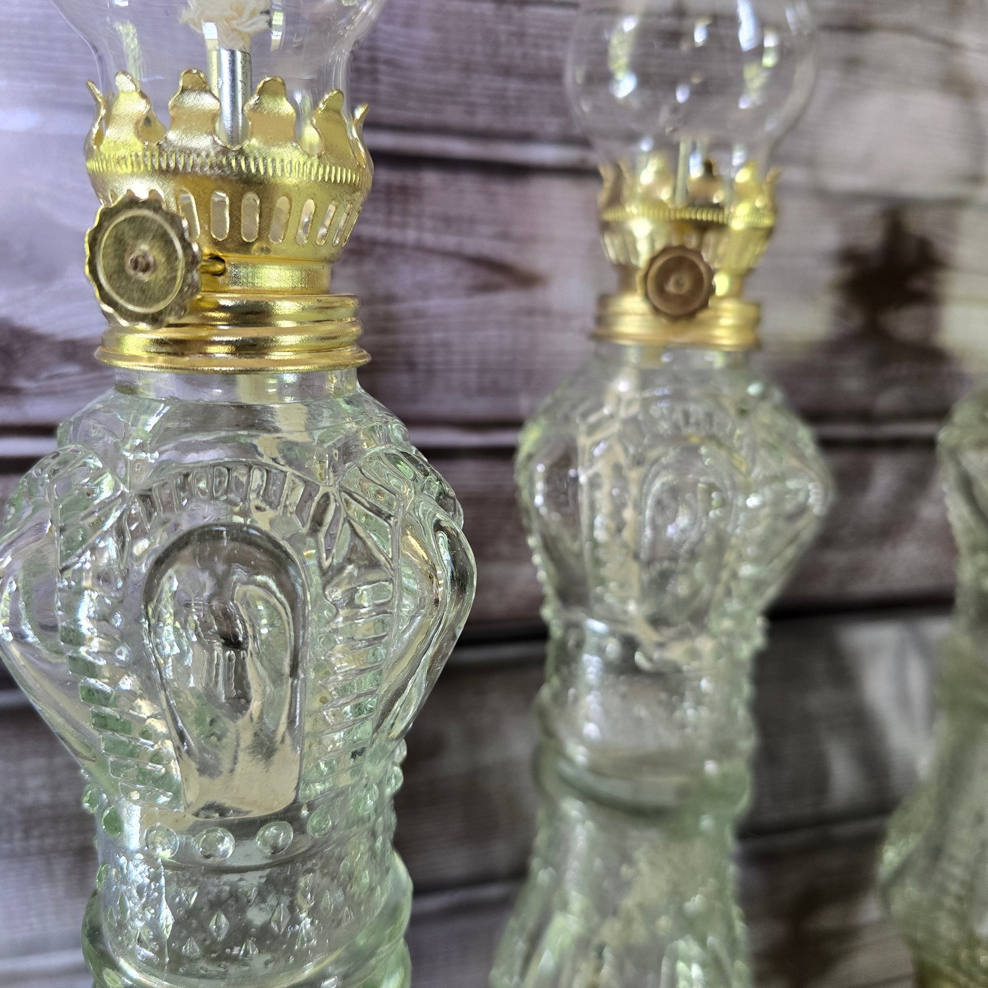 Vintage mini oil lamps, fluted chimney, molded glass set of three 6