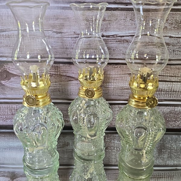 Vintage mini oil lamps, fluted chimney, molded glass set of three