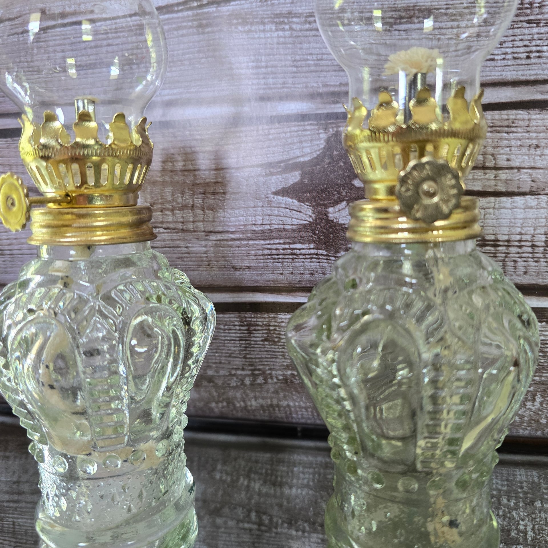 Vintage mini oil lamps, fluted chimney, molded glass set of three 7