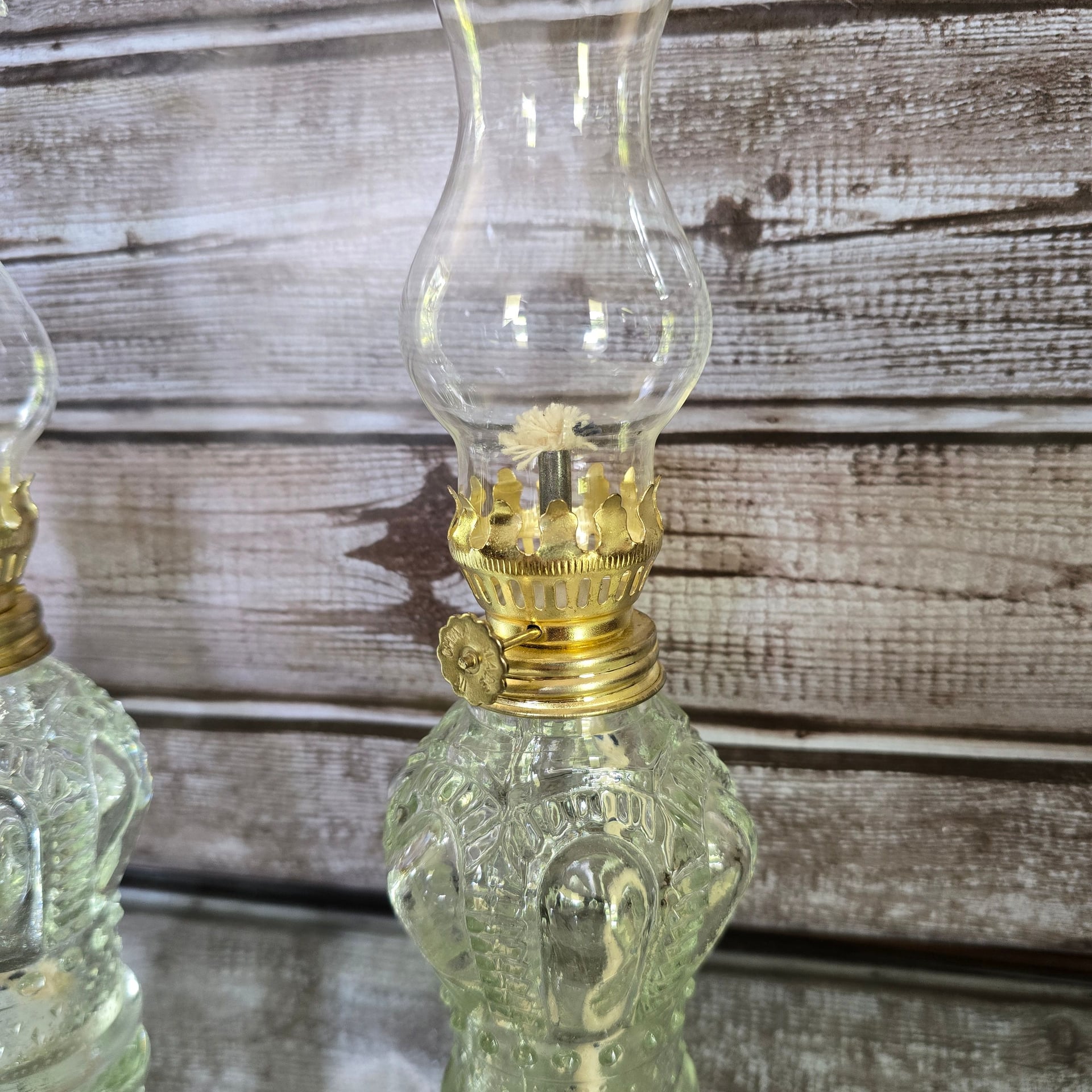 Vintage mini oil lamps, fluted chimney, molded glass set of three 5