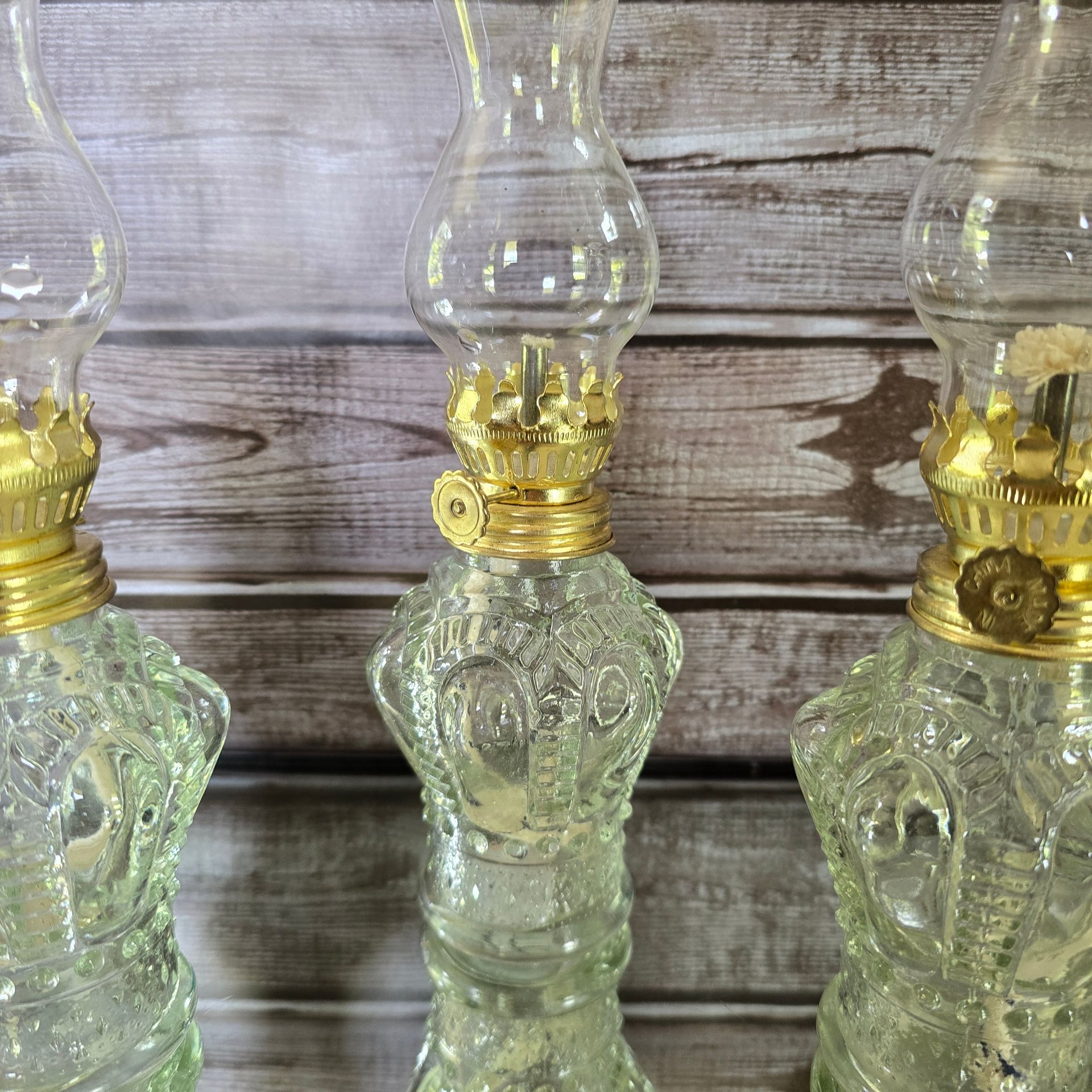 Vintage mini oil lamps, fluted chimney, molded glass set of three 4