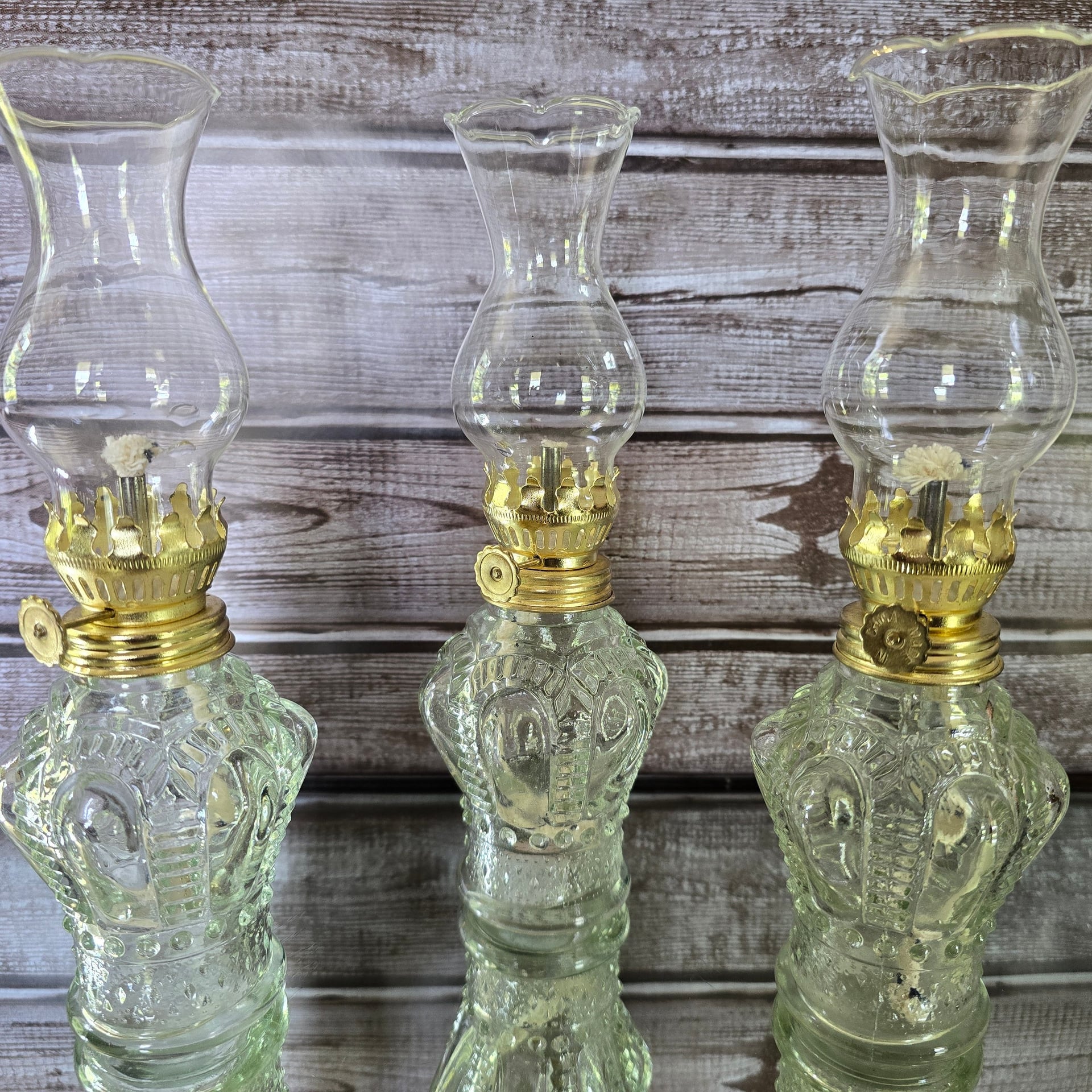 Vintage mini oil lamps, fluted chimney, molded glass set of three 2