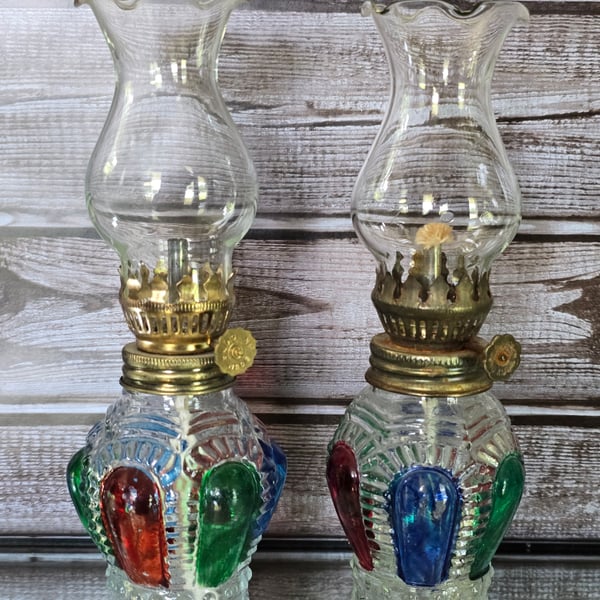Vintage Oil / Kerosene Lamps multicolored painted glass 1950s 60s 