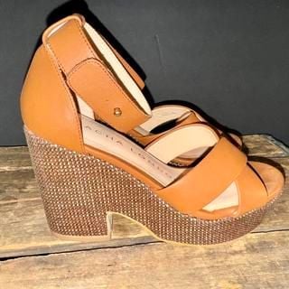 SACHA London Tan Leather Platform Wedge Sandals - Size 8 2