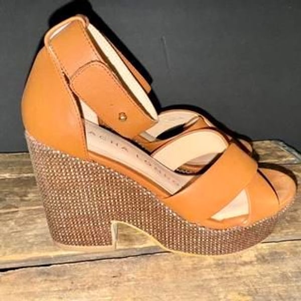SACHA London Tan Leather Platform Wedge Sandals - Size 8