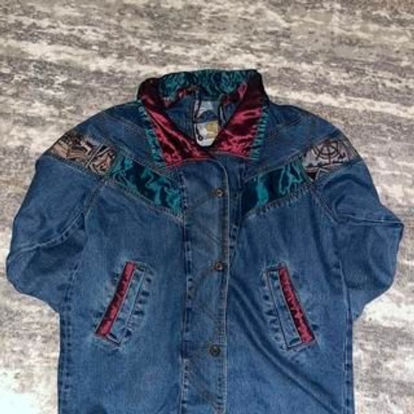 Vintage 80s/90s Acid Wash Denim Jacket with Velvet & Patchwork Accents