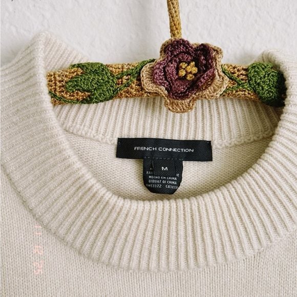 French Connection Ivory Ribbed Sweater Puff Sleeves 7
