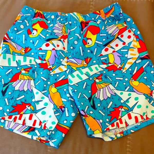 Vintage 80's Colorful Bird Print Cotton Shorts