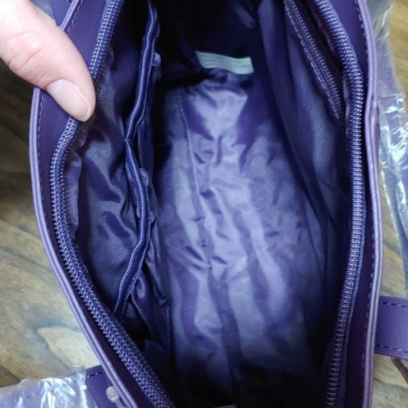 New Joy Mangano Elite Travel Collection Purple Leather Tote with RFID protection 8