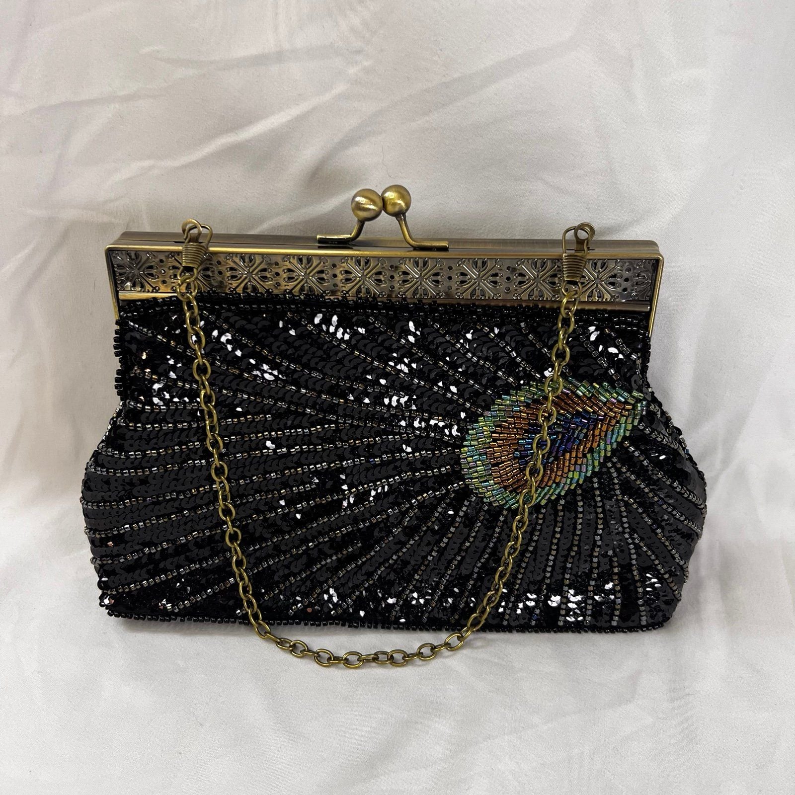 Vintage Peacock Beaded Sequin Clutch Bag Purse Evening Bags, One Size 7