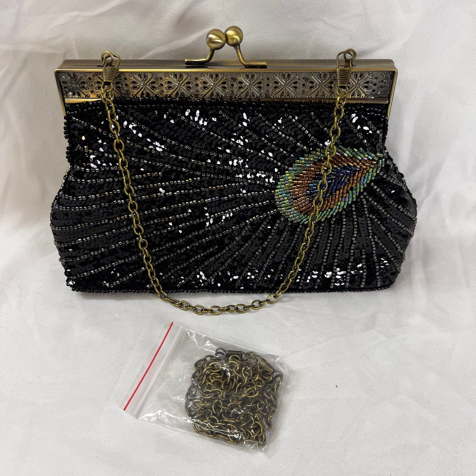 Vintage Peacock Beaded Sequin Clutch Bag Purse Evening Bags, One Size 8