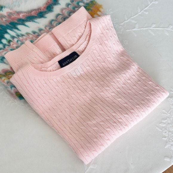 Ann Taylor Light Pink Cable Knit Short Sleeve Tee 8