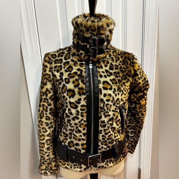 Animal Print Faux Fur Moto Leopard Jacket Belted XS Y2K Style Coat 4
