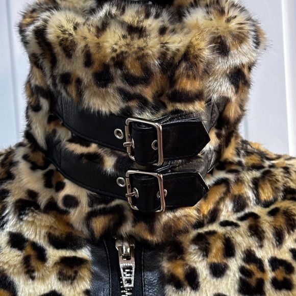 Animal Print Faux Fur Moto Leopard Jacket Belted XS Y2K Style Coat 5