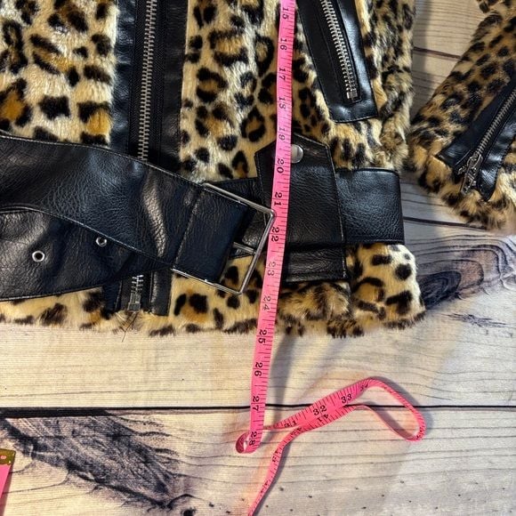 Animal Print Faux Fur Moto Leopard Jacket Belted XS Y2K Style Coat 9