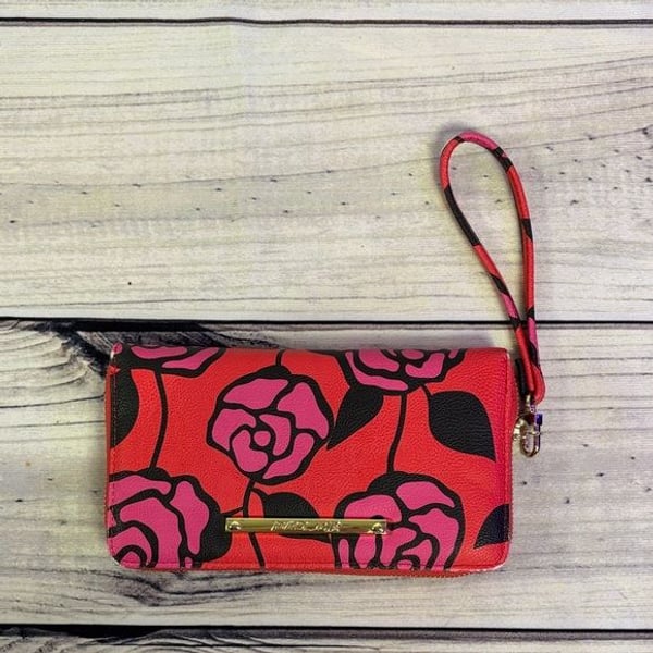 Betsey Johnson Red, Pink, and Black Floral Wristlet Wallet w/ strap zipper -Fair