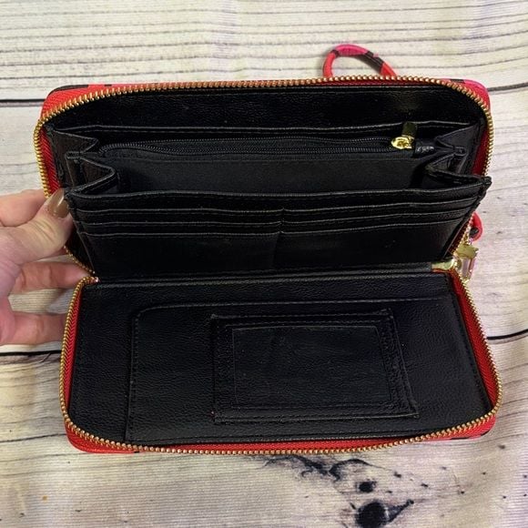 Betsey Johnson Red, Pink, and Black Floral Wristlet Wallet w/ strap zipper -Fair 7