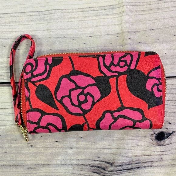 Betsey Johnson Red, Pink, and Black Floral Wristlet Wallet w/ strap zipper -Fair 10