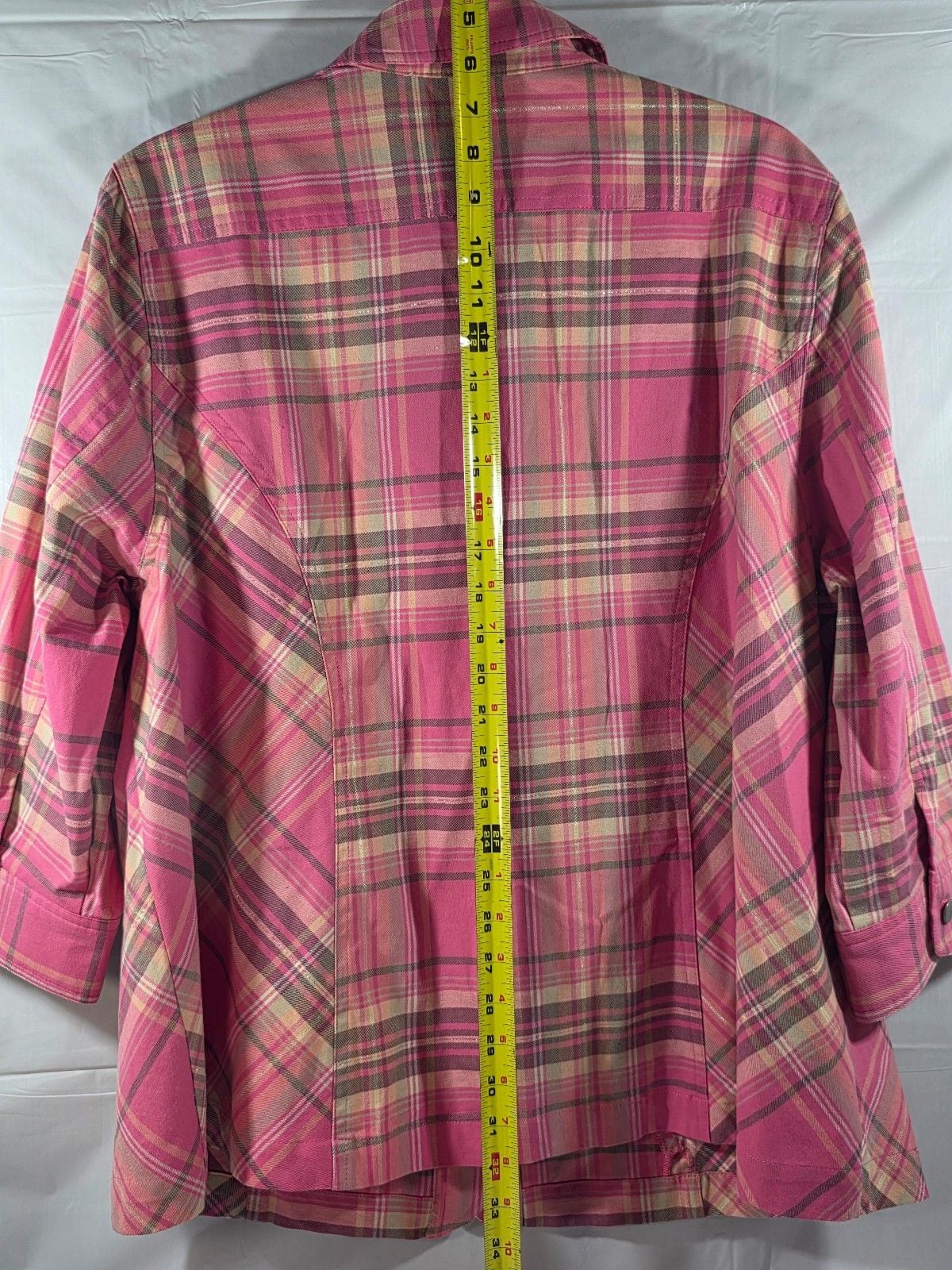 CJ Banks Women’s Plaid Button Front Shirt Jacket 1X Pink Stretch Long Sleeve Poc 5