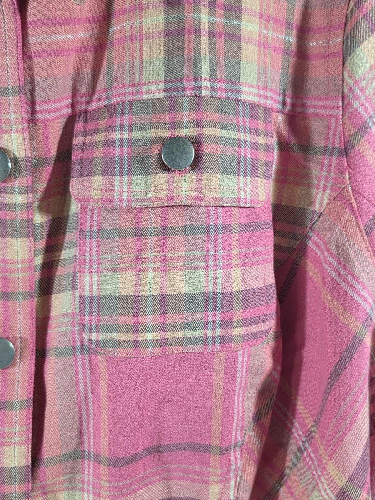 CJ Banks Women’s Plaid Button Front Shirt Jacket 1X Pink Stretch Long Sleeve Poc 8
