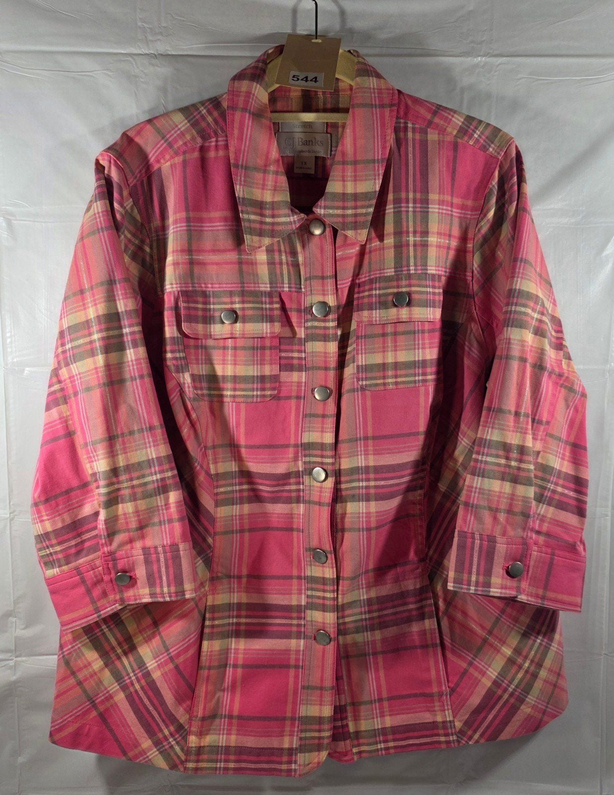 CJ Banks Women’s Plaid Button Front Shirt Jacket 1X Pink Stretch Long Sleeve Poc 2