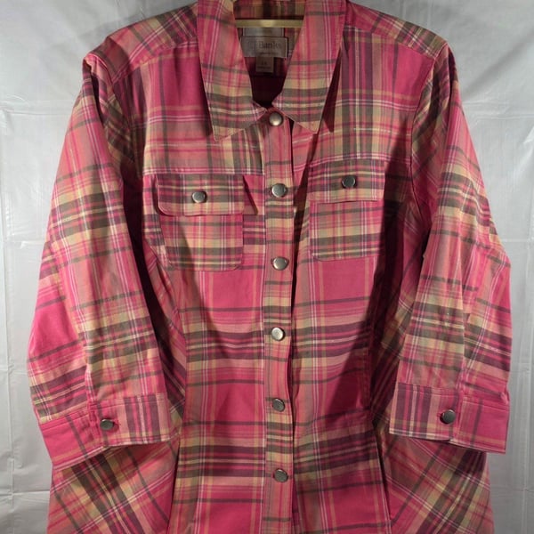 CJ Banks Women’s Plaid Button Front Shirt Jacket 1X Pink Stretch Long Sleeve Poc
