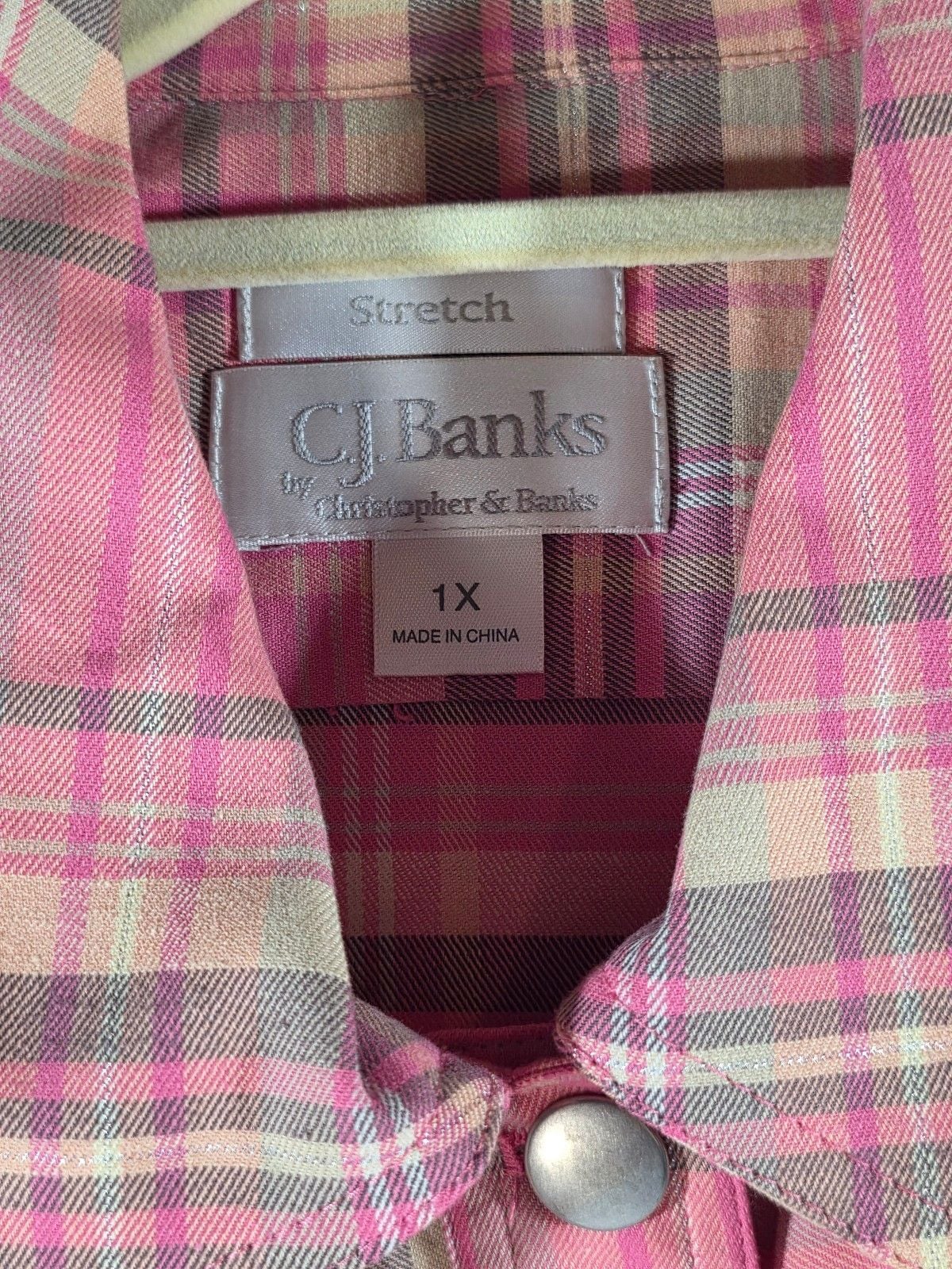CJ Banks Women’s Plaid Button Front Shirt Jacket 1X Pink Stretch Long Sleeve Poc 3