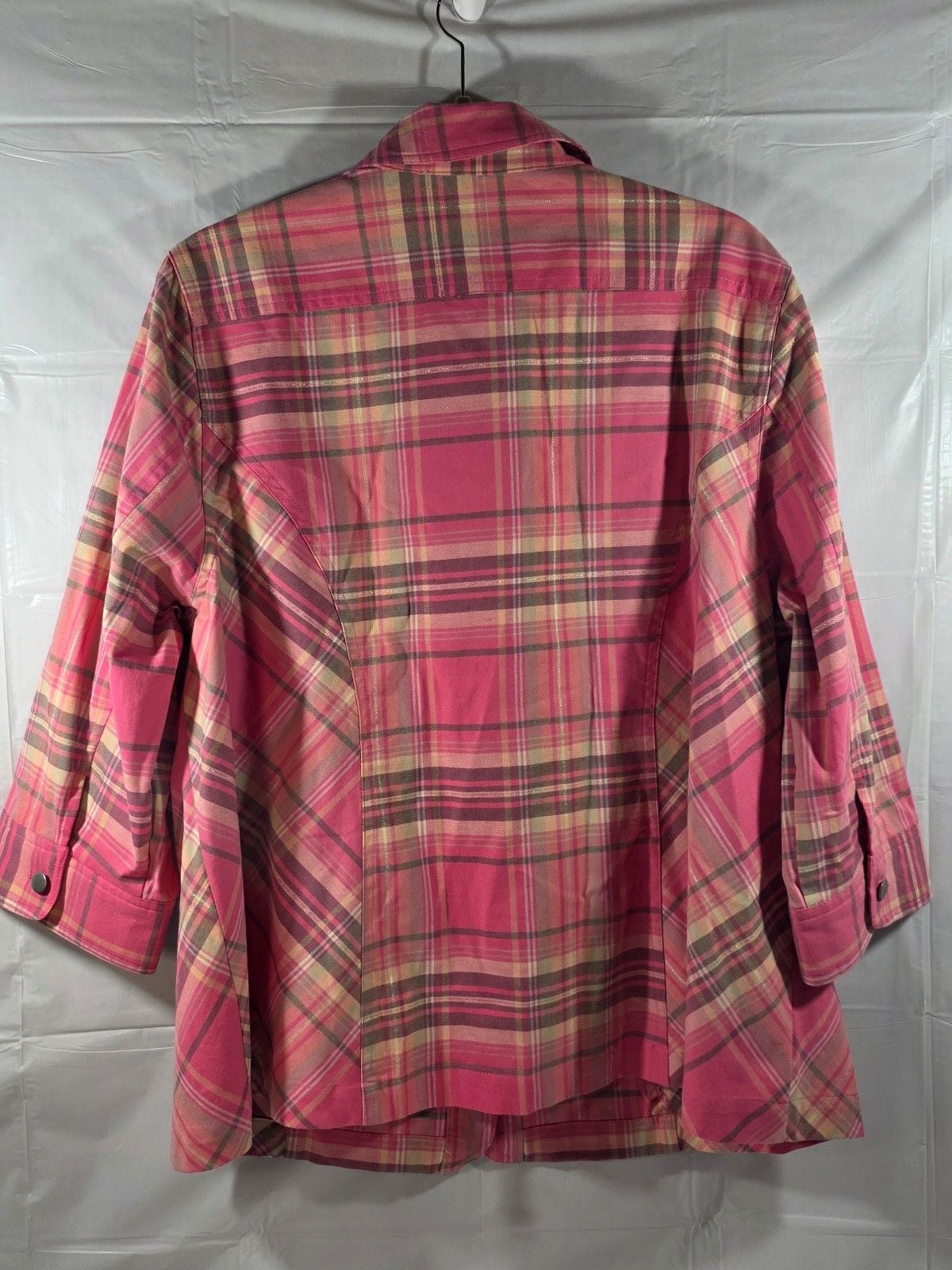 CJ Banks Women’s Plaid Button Front Shirt Jacket 1X Pink Stretch Long Sleeve Poc 4