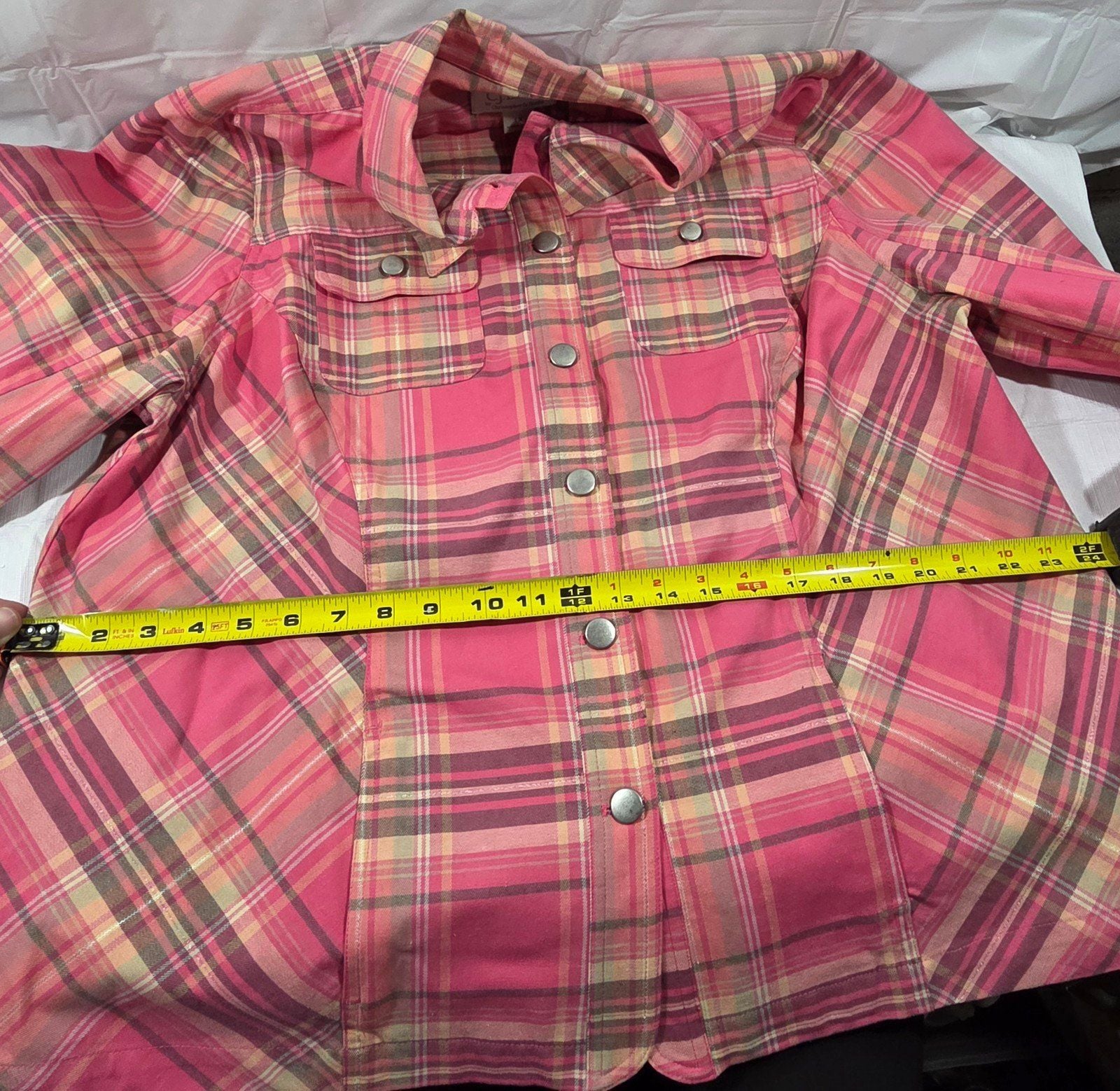 CJ Banks Women’s Plaid Button Front Shirt Jacket 1X Pink Stretch Long Sleeve Poc 10