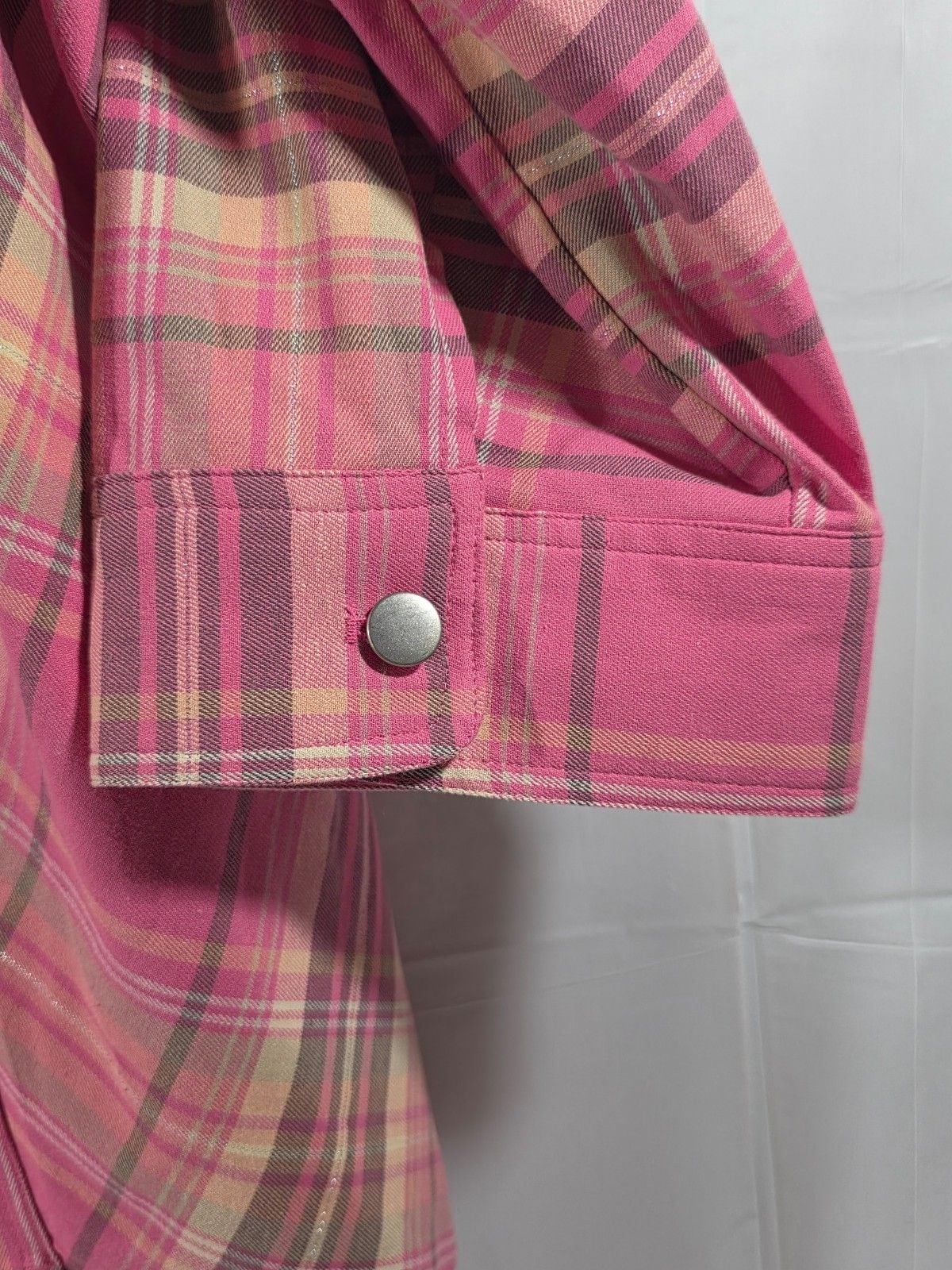 CJ Banks Women’s Plaid Button Front Shirt Jacket 1X Pink Stretch Long Sleeve Poc 6