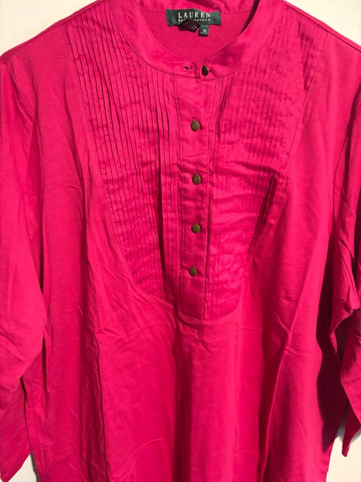 Lauren Ralph Lauren Women’s Pink Pleated Front Tunic Top 1X Button Blouse 4