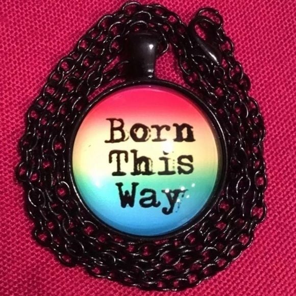 “BORN THIS WAY” Rainbow Glass Charm Necklace NWOT 3