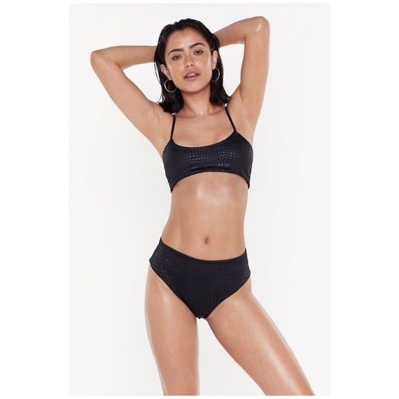 Nasty Gal Black Embossed Crop Top Bikini Set Sz 10 1