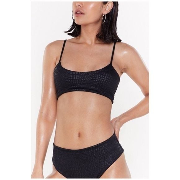 Nasty Gal Black Embossed Crop Top Bikini Set Sz 10 3