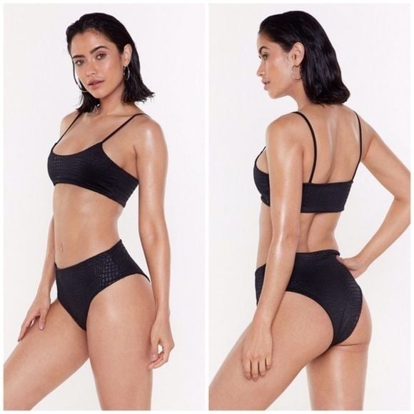 Nasty Gal Black Embossed Crop Top Bikini Set Sz 10 2