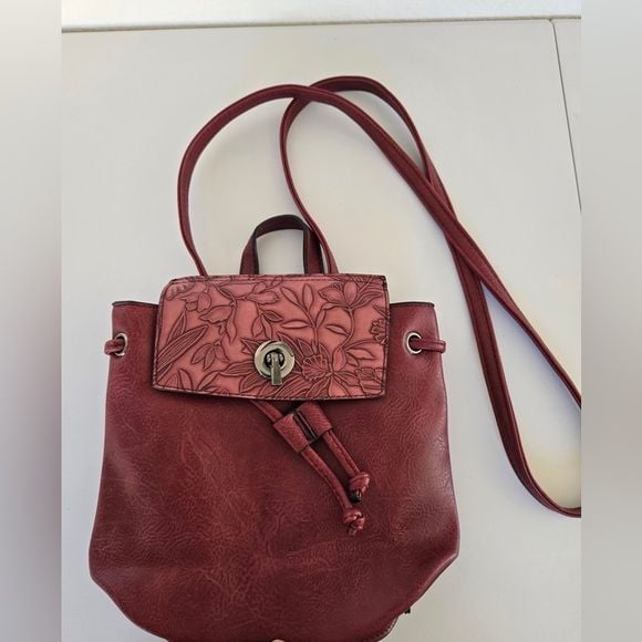 Liz Soto Leather Mini Backpack Crossbody Bag Floral Embossed Burgundy 2