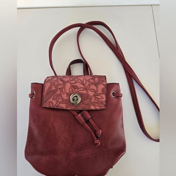 Liz Soto Leather Mini Backpack Crossbody Bag Floral Embossed Burgundy