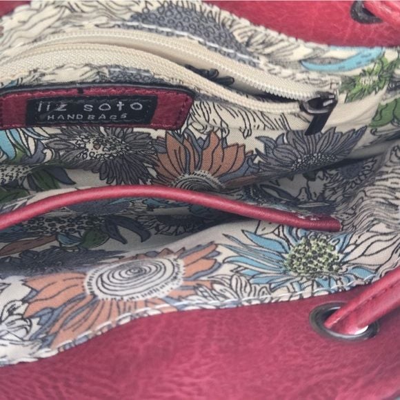Liz Soto Leather Mini Backpack Crossbody Bag Floral Embossed Burgundy 6