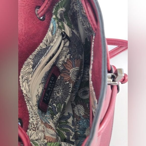 Liz Soto Leather Mini Backpack Crossbody Bag Floral Embossed Burgundy 5
