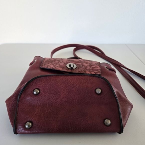 Liz Soto Leather Mini Backpack Crossbody Bag Floral Embossed Burgundy 3