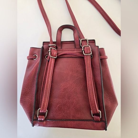 Liz Soto Leather Mini Backpack Crossbody Bag Floral Embossed Burgundy 4