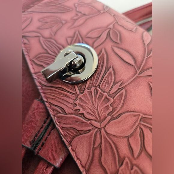 Liz Soto Leather Mini Backpack Crossbody Bag Floral Embossed Burgundy 10