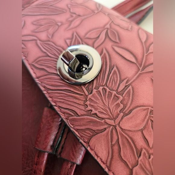 Liz Soto Leather Mini Backpack Crossbody Bag Floral Embossed Burgundy 9
