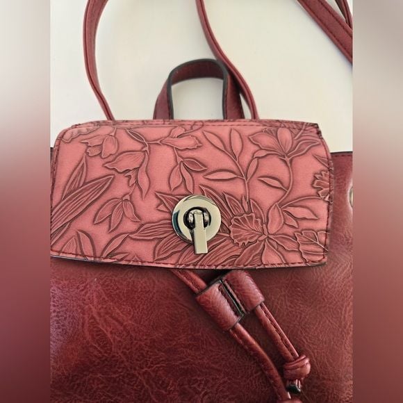 Liz Soto Leather Mini Backpack Crossbody Bag Floral Embossed Burgundy 15