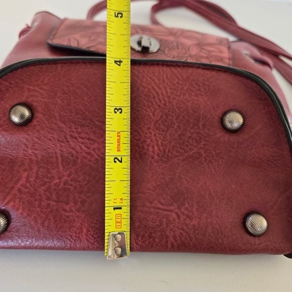 Liz Soto Leather Mini Backpack Crossbody Bag Floral Embossed Burgundy 14