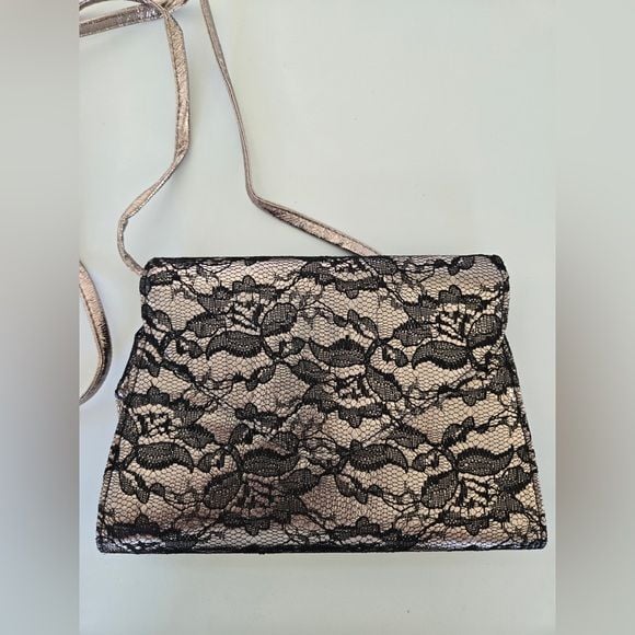 Neiman Marcus Black & Gold Lace Overlay Evening Clutch Crossbody Bag 2